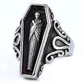 Detailed view of vintage gothic coffin ring featuring a miniature skull relief in antique silver - US Size 8 / Punk Retro Style (04106)