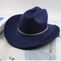 Detail of navy blue wool felt cowboy hat featuring a sparkling white rhinestone hatband - Four Row Rhinestone / Blue