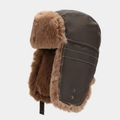 Winter faux leather trapper hat with warm brown fur lining and ear flaps in side view - M (56-58cm) / Dark Gray