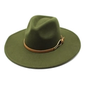Detail of olive green wool fedora with brown leather band and gold metal buckle detail - M / Army Green