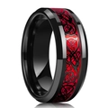 Titanium steel black ring with red dragon pattern inlay and beveled edges on white background - US 7 / Black Plated Red Black Dragon