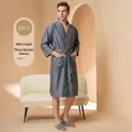 Men's grey mid-length bathrobe with subtle stripes, 3/4 sleeves and belted waist - M / Male Style / Light Gray