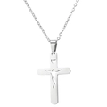 Detail van zilveren kruishanger met holle Jezus-silhouet aan een fijne schakelketting - Staalkleur