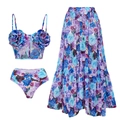 Set bikini 3 pezzi con rose 3D, slip a vita alta e gonna lunga coordinata floreale - S / Set 3 pezzi (con gonna)