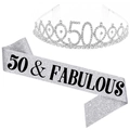 50th Birthday Party Set with Silver Rhinestone Tiara and 50 & Fabulous Glitter Sash - Silver 50 & Fabulous Set