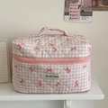 Pink quilted plaid makeup bag with bow patterns and soft handle for daily storage - Makeup Bag / Pink