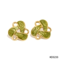 Golden 316L stainless steel earrings with green enamel clover design - Gold + Green (KD3233)