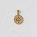 Round 18K gold plated evil eye and star relief coin pendant necklace in brass finish - L20 Eye Round Tag