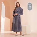 Thick dark grey fleece bathrobe with large collar and white piping for winter warmth - M / Dark Grey (Women)