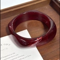 Modern burgundy resin square bangle with white marble texture on a wooden tray - Geometric Rhombus / Inner Diameter 65mm / Transparent Red White Swirl