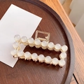 Elegant gold metal rectangular hair claw clip with two rows of cream white pearls - Square Claw Clip - 9cm