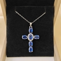 Silver cross necklace with oval blue gemstones and sparkling zircon accents for women - Silver Base Blue Gemstone Style / Silver Blue Necklace