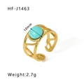 18k gold plated stainless steel open ring featuring a 10mm round green stone inlay - Round Turquoise Geometric Hollow Style (HF-J1463)