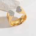 Golden heart-shaped open ring with micro-pave white crystals on a stone base - Double Heart Micro-Inlaid Style / Gold