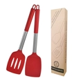Red silicone kitchen spatula set with metal handles and BPA-free non-stick packaging - Solid + Slotted Spatula Set (Boxed) / Red