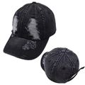 Vista dettagliata fronte e retro di un cappello da baseball in denim nero lavato - Foro per Coda di Cavallo a Croce Singola / Nero - Dietro Strappato