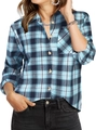 Women's classic blue plaid button-up shirt with long sleeves and front pocket detail - S / Light Blue