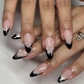 Uñas postizas de almendra con puntas francesas negras, lazos 3D y perlas - Estilo de Lazo Con Borde Negro Francés - Tipo Pegamento (D-110)