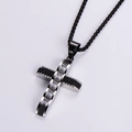 Hip hop stainless steel cross pendant necklace with black silver inlay and crystals - Black