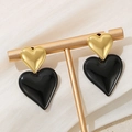 Minimalist double layer heart earrings in gold and black finish on a golden stand - Double Heart Gold Black Stitching Earrings (KE111208-KFC)