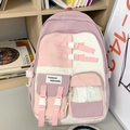 Pink and beige color-block school backpack with transparent front pocket and buckles - Backpack / Pink