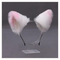 White and pink plush cat ears headband displayed on a transparent acrylic stand - One Size