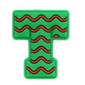 Macro view of green PVC letter T shoe charm with red wavy patterns for clog accessories - Patterned Letter T