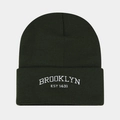 Detail of Brooklyn embroidery on forest green knitted beanie with ribbed texture - Army Green