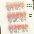 Unghie finte artigianali sfumate blu-rosa con fiori 3D e perle in diverse forme e stili - Grande (L) / Ovale Medio