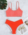 Two-piece red and white striped bikini set with high-waisted red V-cut bottoms - S / Red
