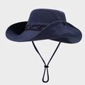 Detail of navy blue cowboy hat with brown cross-stitch leather trim and metal air vents - M (56-58cm) / Navy Blue