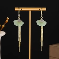 Light green ginkgo leaf dangle earrings with gold tassels and sparkling rhinestones - Light Green Ginkgo Leaf Gold Tassel Earrings(E5375)