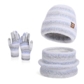 Winter 3-piece set with blue and grey striped knit beanie scarf and gloves - Three-Piece Set / Blue