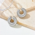 Polished silver stainless steel hollow ear cuffs with textured thread design on stone - Spiral Texture Style (F608) / Silver