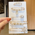 Five-piece set of gold-tone safety pins featuring white imitation pearls and crystals - Style 8 - No.8 Set 5 Pcs