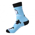 Light blue cotton crew socks featuring black and white penguin patterns with black accents - One Size / Penguin / Sky Blue