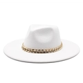 Close-up of white wool fedora hat featuring a stylish gold thick chain decoration - M (56-58cm) / White