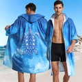 Microfiber hooded beach poncho with blue gradient and white sea turtle print - Sleeved Zipper Style - Blue Turtle