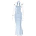 Abito lungo celeste a lupetto in mesh con corsetto e gonna a sirena su manichino - S / Blu