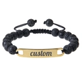 Custom black volcanic lava rock beaded bracelet with adjustable gold metal plate - Gold ID Plate / Volcanic Lava Stone (Black)