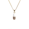 Gold pill capsule pendant necklace with white enamel and sparkling zircon pavé on box chain - Box Chain / White