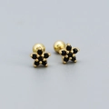 925 silver flower stud earrings with black zircon and gold plating and screw back design - Yellow Gold (Black Stone)