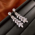 Macro shot of silver wheat leaf tassel earrings with clear zircons on black leather - 15# Silver Earring Post - Silver - Wheat Ear