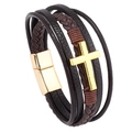 Multi-layer dark brown braided leather bracelet with golden cross and magnetic buckle - Coffee/Gold Accessories