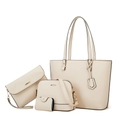 Cream white 4-piece PU leather handbag set with tote, crossbody, clutch and card holder - Four-Piece Set / White