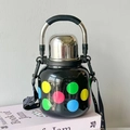 Black stainless steel water bottle with colorful polka dots and black shoulder strap - 800ML Black Colorful Polka Dots