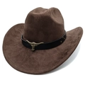 Brown suede western cowboy hat with leather belt and bronze bull head metal accessory - M (56-58cm) / Coffee