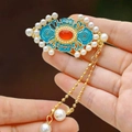 Blue enamel auspicious cloud hair clip with white pearls and golden tassels in retro style - F1536 Geometric Pearl