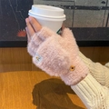 Pink plush fingerless gloves with a practical flip cover and fashion button detail - One Size / Pink (Simple Style)