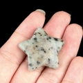 Handheld view of a star-shaped natural Dalmatian stone with black mineral spots - Tianshan Blue